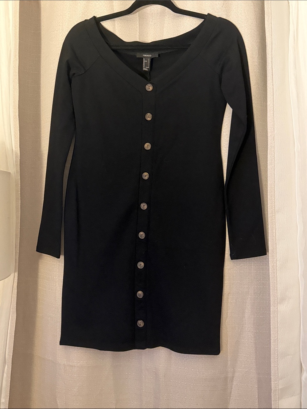 Forever 21 Black Button-Front V-Neck Long Sleeve Knit Dress